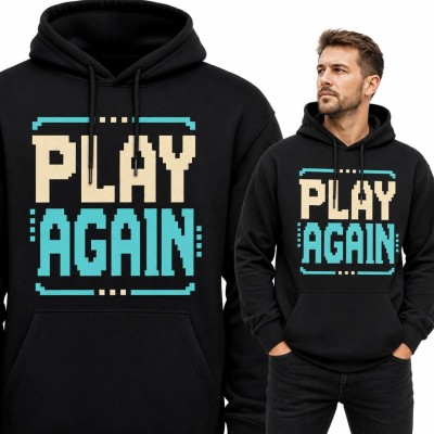 Bluza męska z kapturem „Play again” - pikselowy napis w stylu 8-bit dla gracza