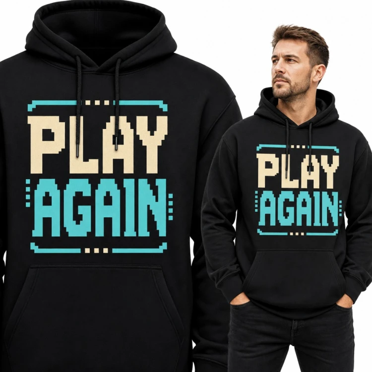 Bluza męska z kapturem „Play again” - pikselowy napis w stylu 8-bit dla gracza