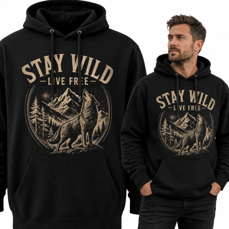 Bluza męska z kapturem „Stay wild live free” - wyjący wilk w górach