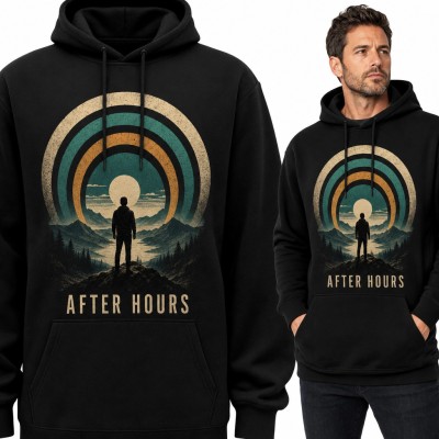 Bluza męska z kapturem „After Hours” - samotny wędrowiec na szczycie w retro łukach