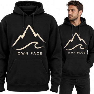 Bluza męska z kapturem - góra i fala „Own pace” w minimalistycznym stylu