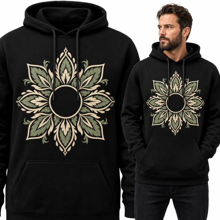 Bluza męska z kapturem - mandala z zielonych liści i okręgiem