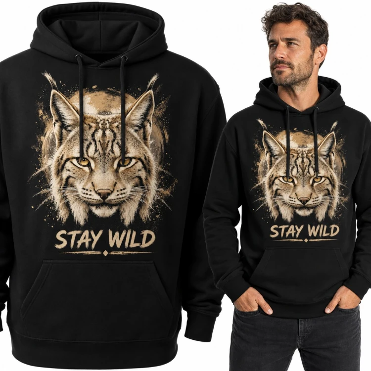 Bluza męska z kapturem - ryś na tle księżyca „Stay wild”