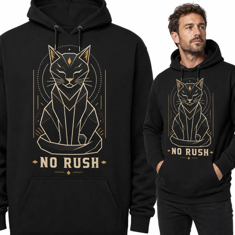 Bluza męska z kapturem - geometryczny czarny kot art deco „No rush”