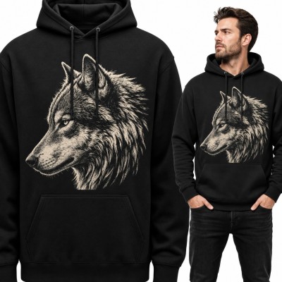 Bluza męska z kapturem - realistyczna głowa wilka z profilu