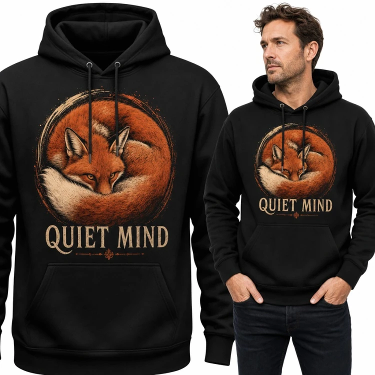 Bluza męska z kapturem - śpiący rudy lis i napis „Quiet Mind”