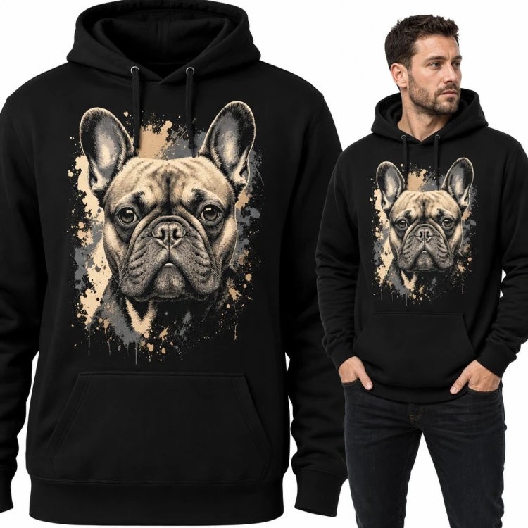 Bluza męska z kapturem - buldog francuski portret na plamach farby