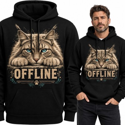 Bluza męska z kapturem - leniwy kot z niebieskimi oczami i napisem „Offline”
