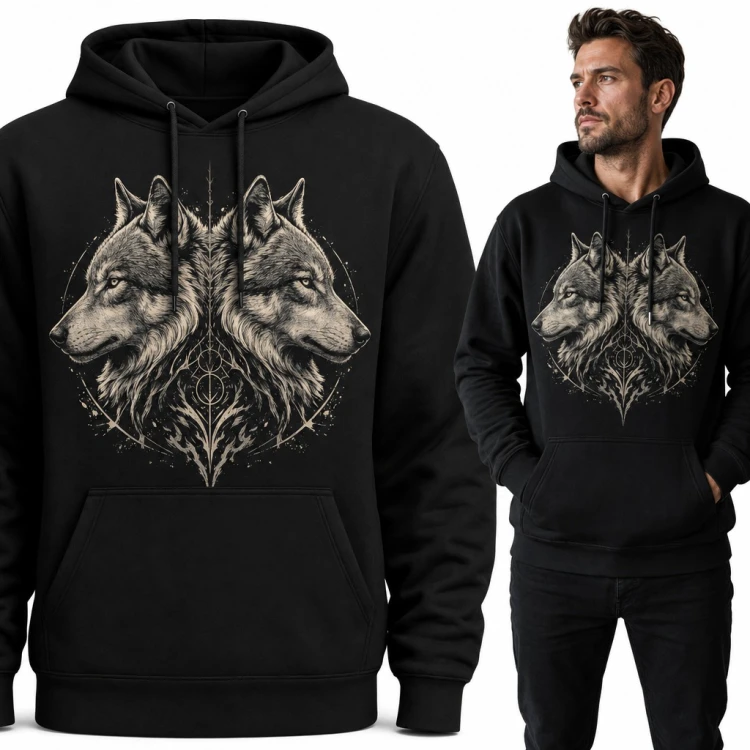 Bluza męska z kapturem - dwa lustrzane wilki z runicznym ornamentem