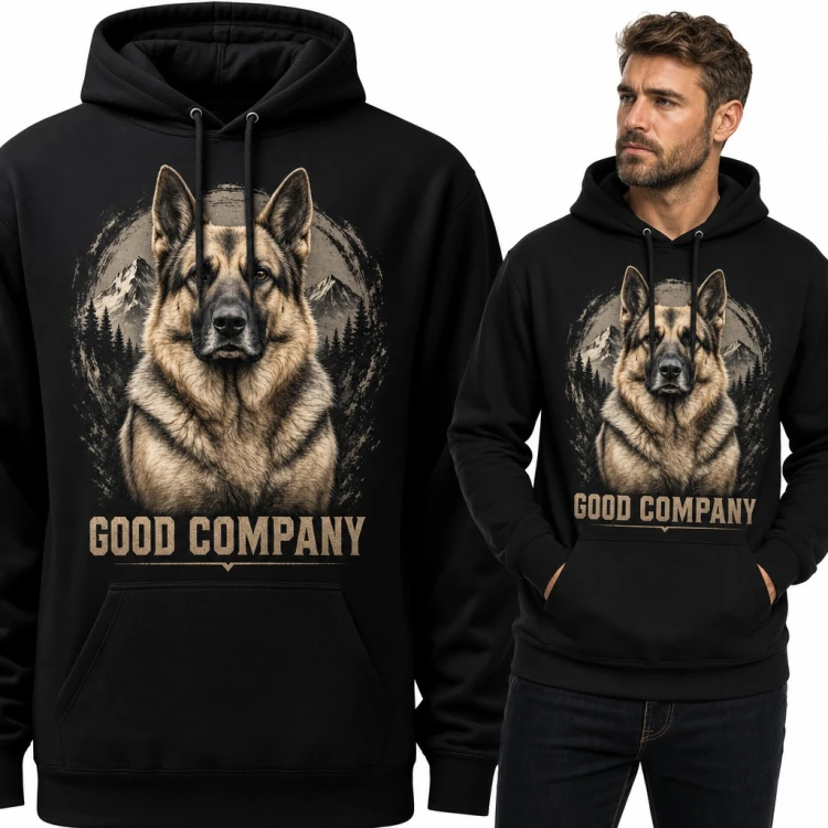 Bluza męska z kapturem - owczarek niemiecki na tle gór „Good company” dla miłośnika psów