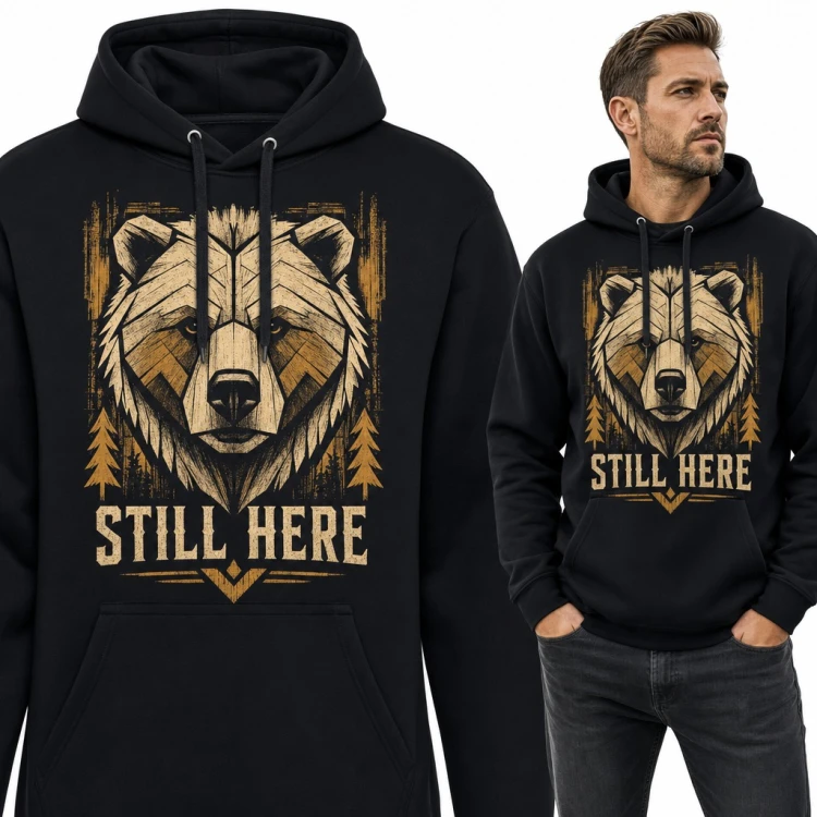 Bluza męska z kapturem - geometryczny niedźwiedź grizzly w lesie „Still here”