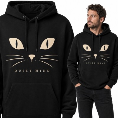 Bluza męska z kapturem - minimalistyczny pyszczek kota i napis „Quiet mind”