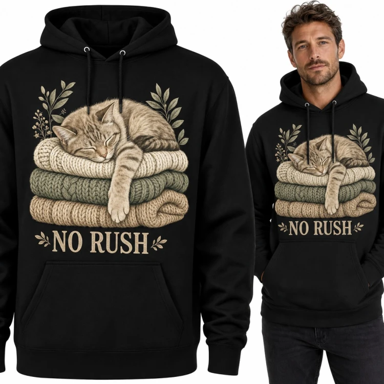 Bluza męska z kapturem - śpiący kot na swetrach „No rush”
