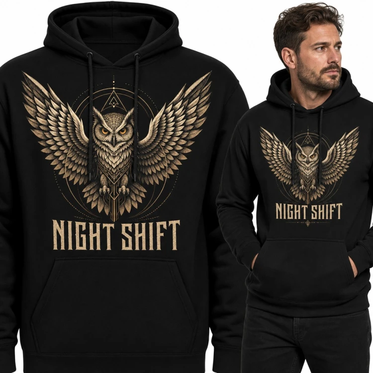 Bluza męska z kapturem - geometryczna sowa i napis „Night Shift”
