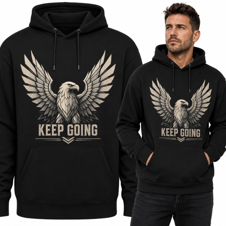 Bluza męska z kapturem - geometryczny orzeł z napisem „Keep going”