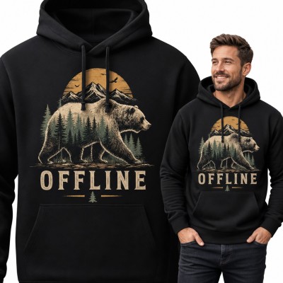 Bluza męska z kapturem - niedźwiedź grizzly w lesie i górach „Offline” dla turysty