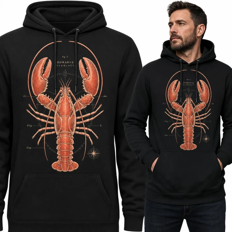 Bluza męska z kapturem - homar „Homarus gammarus” jak rycina z atlasu