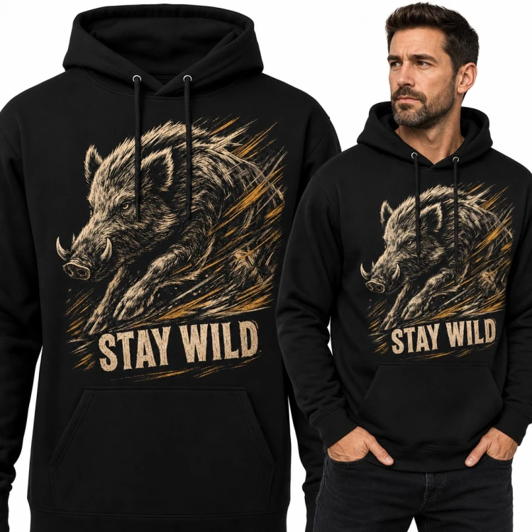 Bluza męska z kapturem - szarżujący dzik z kłami „Stay wild”