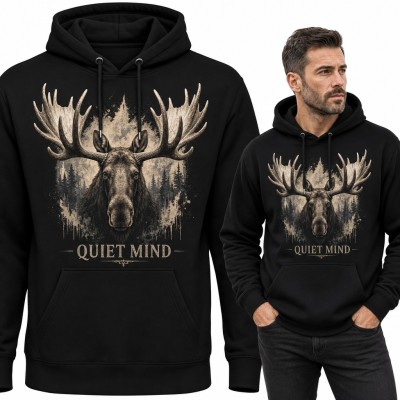 Bluza męska z kapturem - łoś z porożem na tle lasu i napis „Quiet Mind”