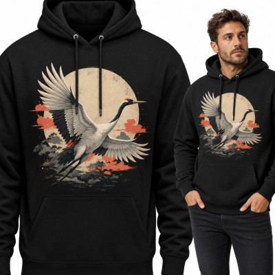 Bluza męska z kapturem - żuraw japoński w locie na tle słońca