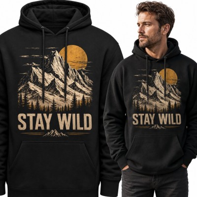 Bluza męska z kapturem - górskie szczyty, las i słońce „Stay wild”