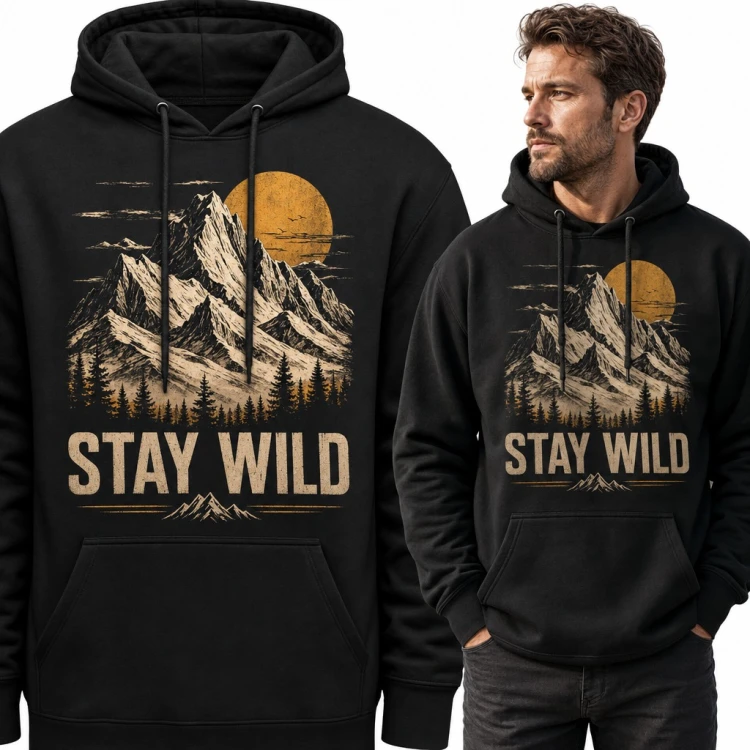Bluza męska z kapturem - górskie szczyty, las i słońce „Stay wild”