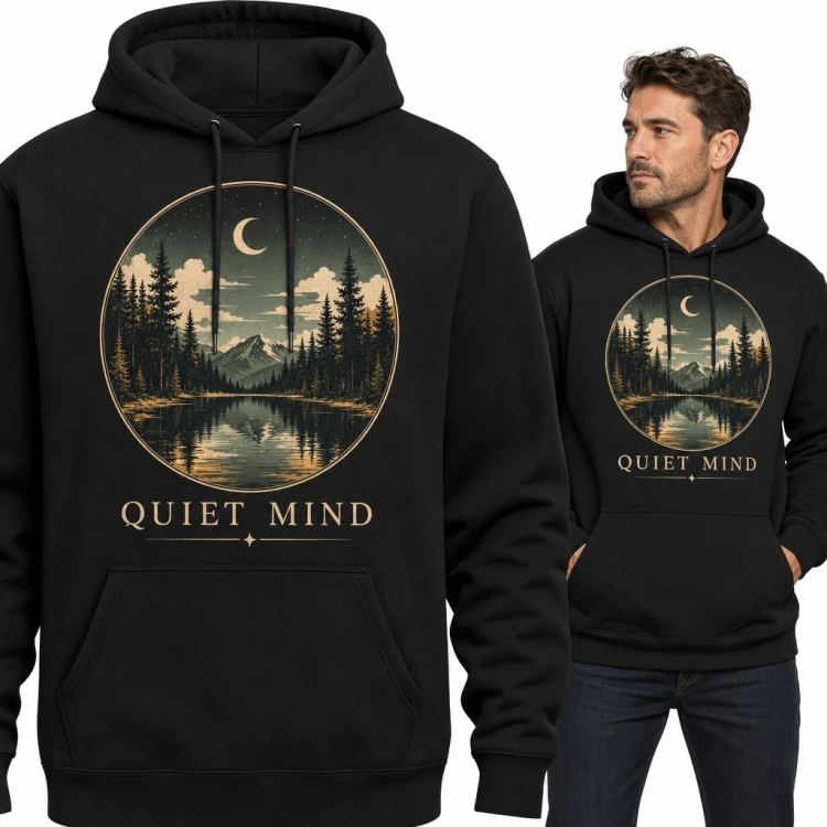 Bluza męska z kapturem - górskie jezioro nocą z księżycem i napisem „Quiet mind”