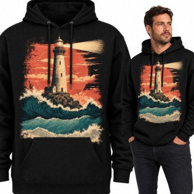 Bluza męska z kapturem - latarnia morska wśród fal w stylu retro