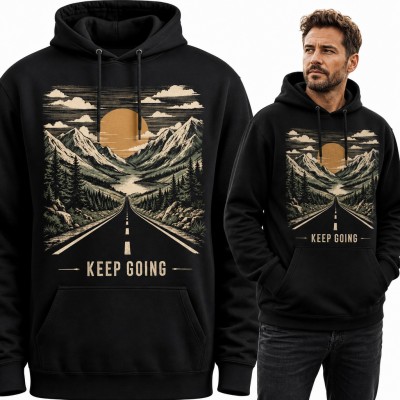 Bluza męska z kapturem - górska droga o zachodzie słońca „Keep going” dla podróżnika