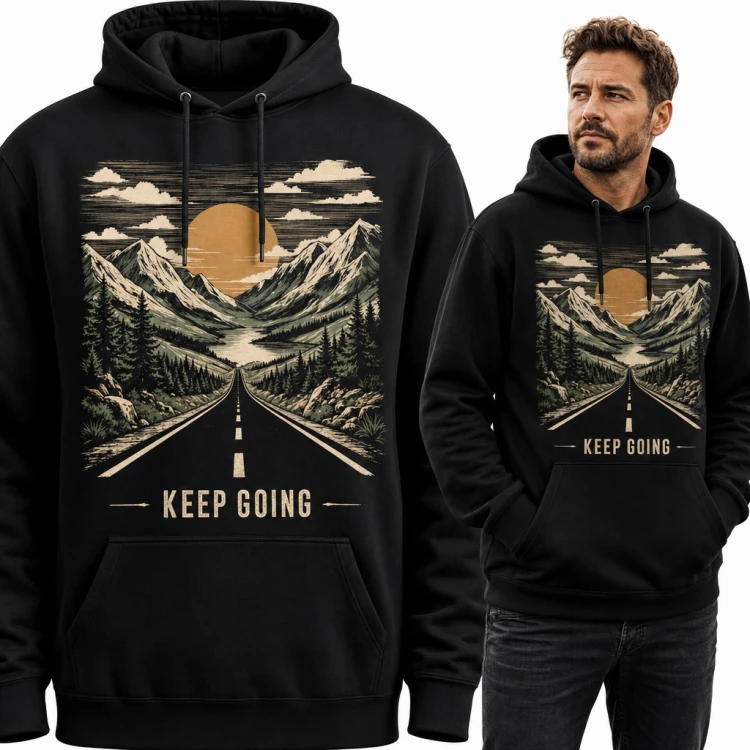 Bluza męska z kapturem - górska droga o zachodzie słońca „Keep going” dla podróżnika
