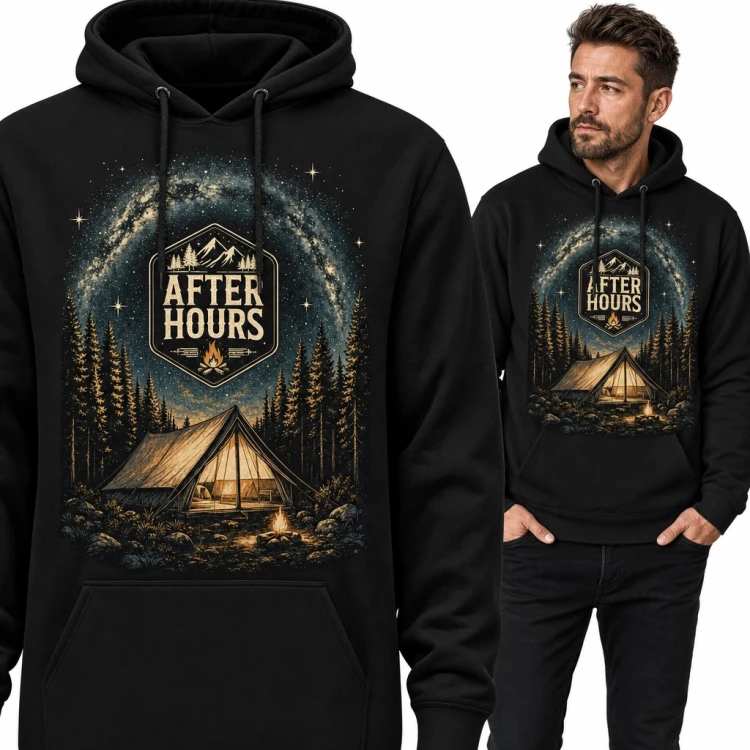 Bluza męska z kapturem „After hours” - namiot przy ognisku pod Drogą Mleczną