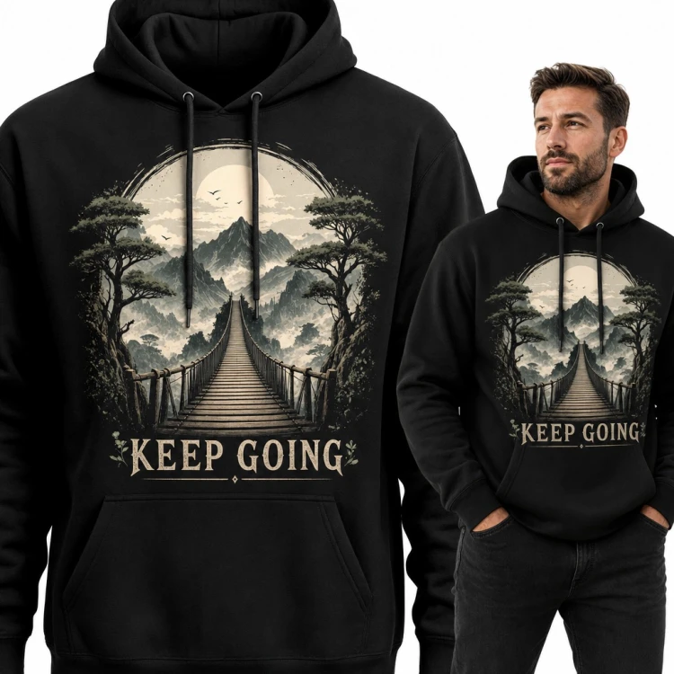 Bluza męska z kapturem „Keep going” - wiszący most w górach dla turysty