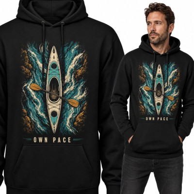 Bluza męska z kapturem - kajak na rwącej rzece „Own pace” dla kajakarza