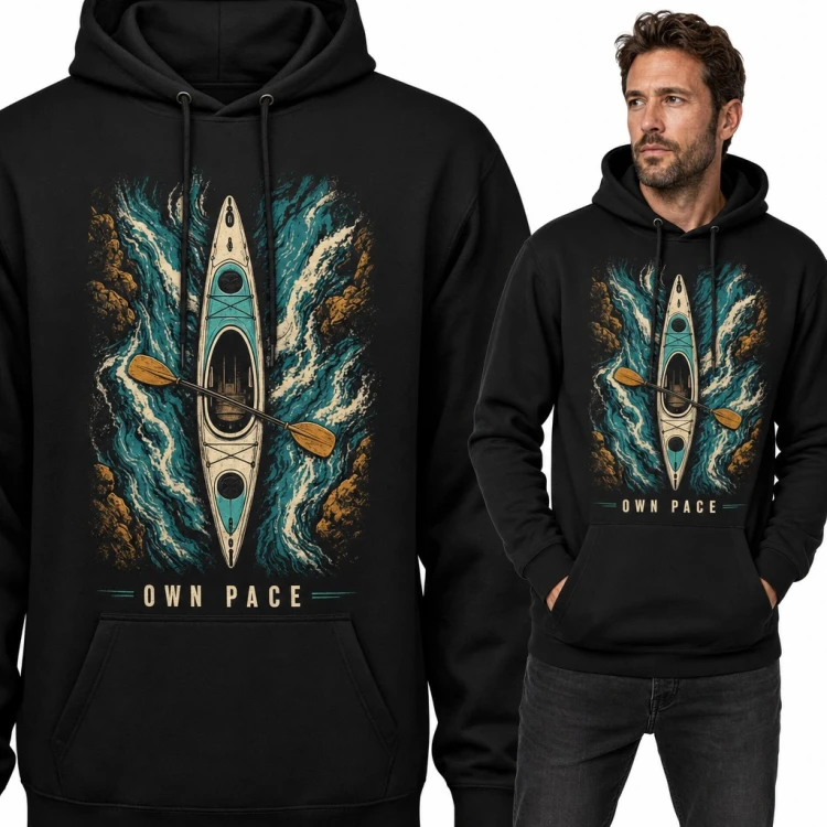 Bluza męska z kapturem - kajak na rwącej rzece „Own pace” dla kajakarza
