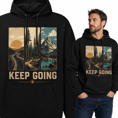Bluza męska z kapturem - „Keep going” z drogą, lasem i górami w stylu retro