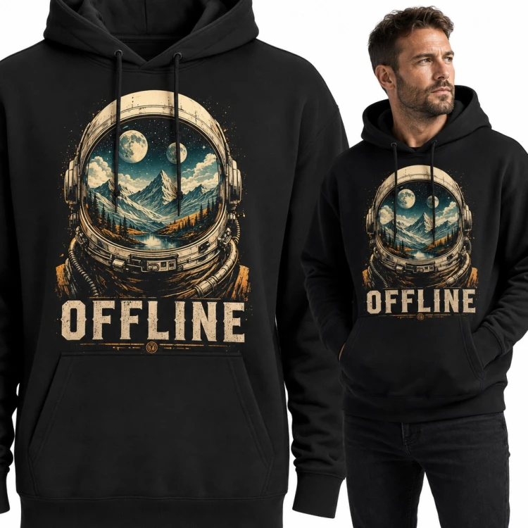 Bluza męska z kapturem - astronauta z górami w hełmie i napis „Offline”