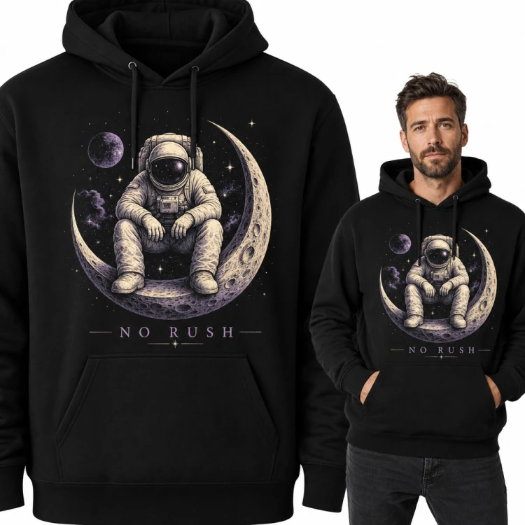 Bluza męska z kapturem - astronauta na półksiężycu „No rush”