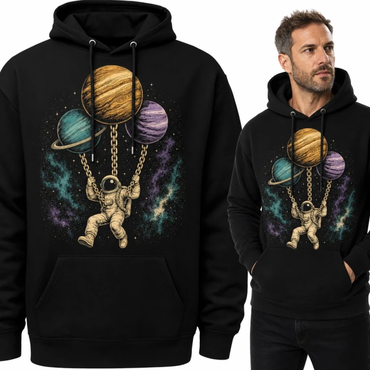 Bluza męska z kapturem - astronauta na huśtawce z planet