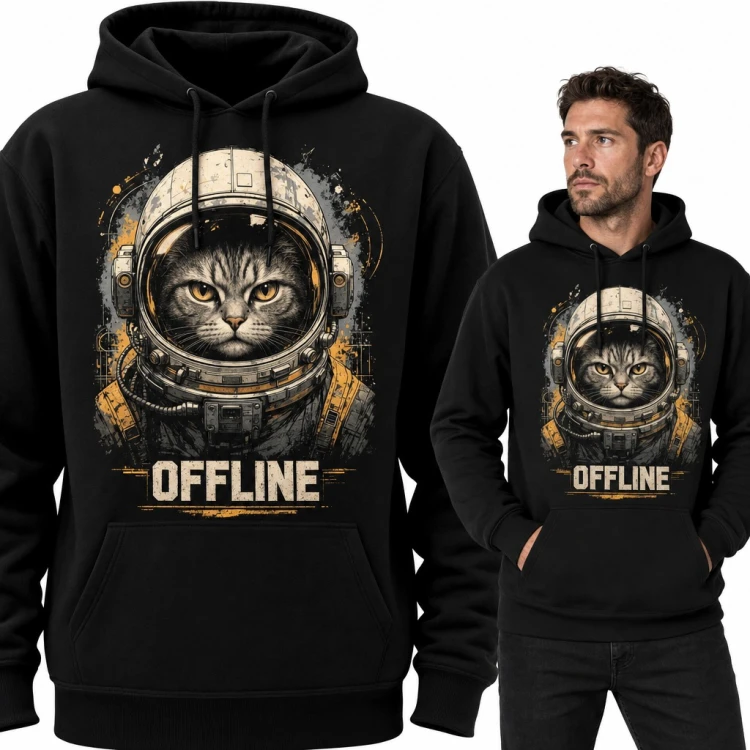 Bluza męska z kapturem - kot astronauta w hełmie kosmicznym „Offline” dla kociarza