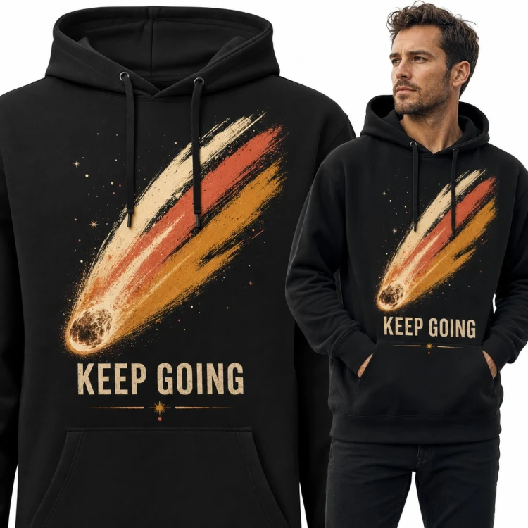 Bluza męska z kapturem - kometa w kosmosie i napis „Keep going”