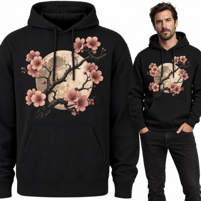 Bluza męska z kapturem - kwitnąca sakura na tle pełni księżyca