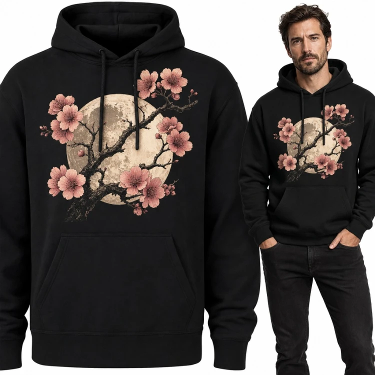 Bluza męska z kapturem - kwitnąca sakura na tle pełni księżyca