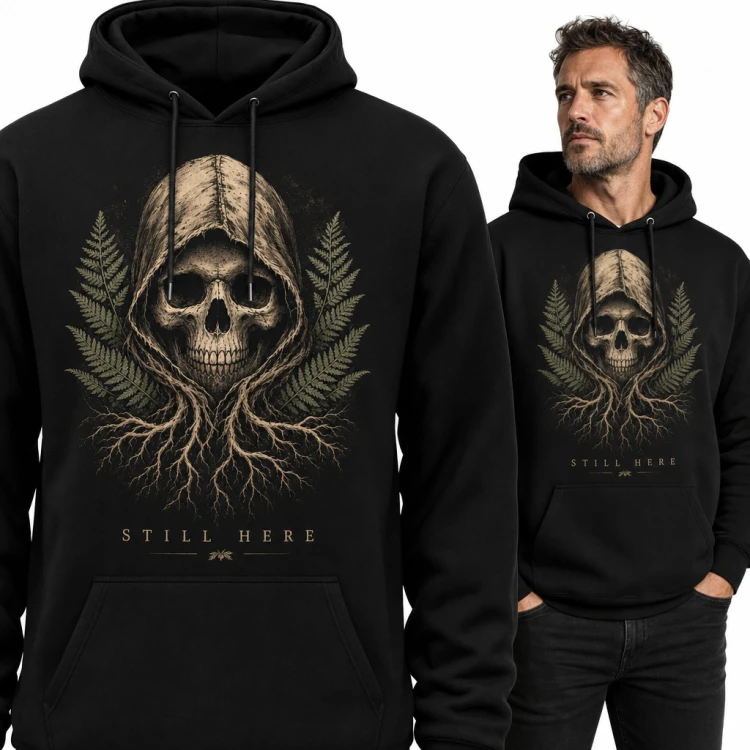 Bluza męska z kapturem - czaszka w kapturze z korzeniami i paprociami „Still here”