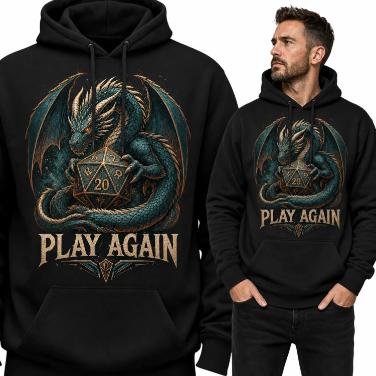 Bluza męska z kapturem - smok z kością D20 i napisem „Play again” dla gracza RPG