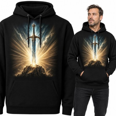 Bluza męska z kapturem - miecz Excalibur wbity w skałę w promieniach światła