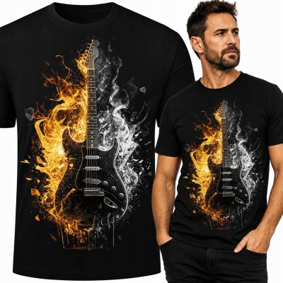 Koszulka męska z gitarą elektryczną w ogniu i dymie - rockowy nadruk