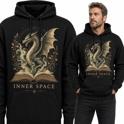 Bluza męska z kapturem - smok z otwartej księgi „Inner Space” dla fana fantasy