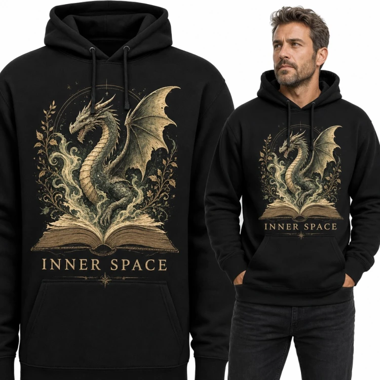 Bluza męska z kapturem - smok z otwartej księgi „Inner Space” dla fana fantasy