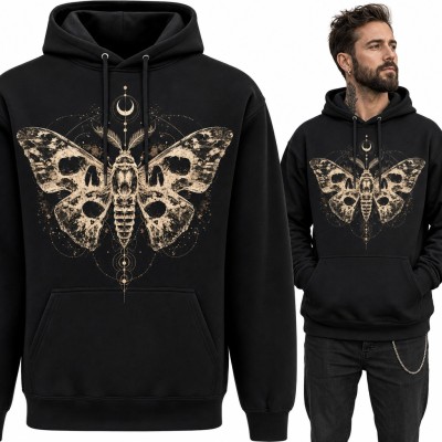 Bluza męska z kapturem - ćma z czaszkami na skrzydłach i półksiężyc w stylu gotyckim
