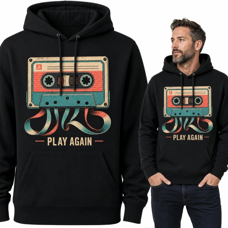 Bluza męska z kapturem - retro kaseta magnetofonowa „Play again” dla melomana